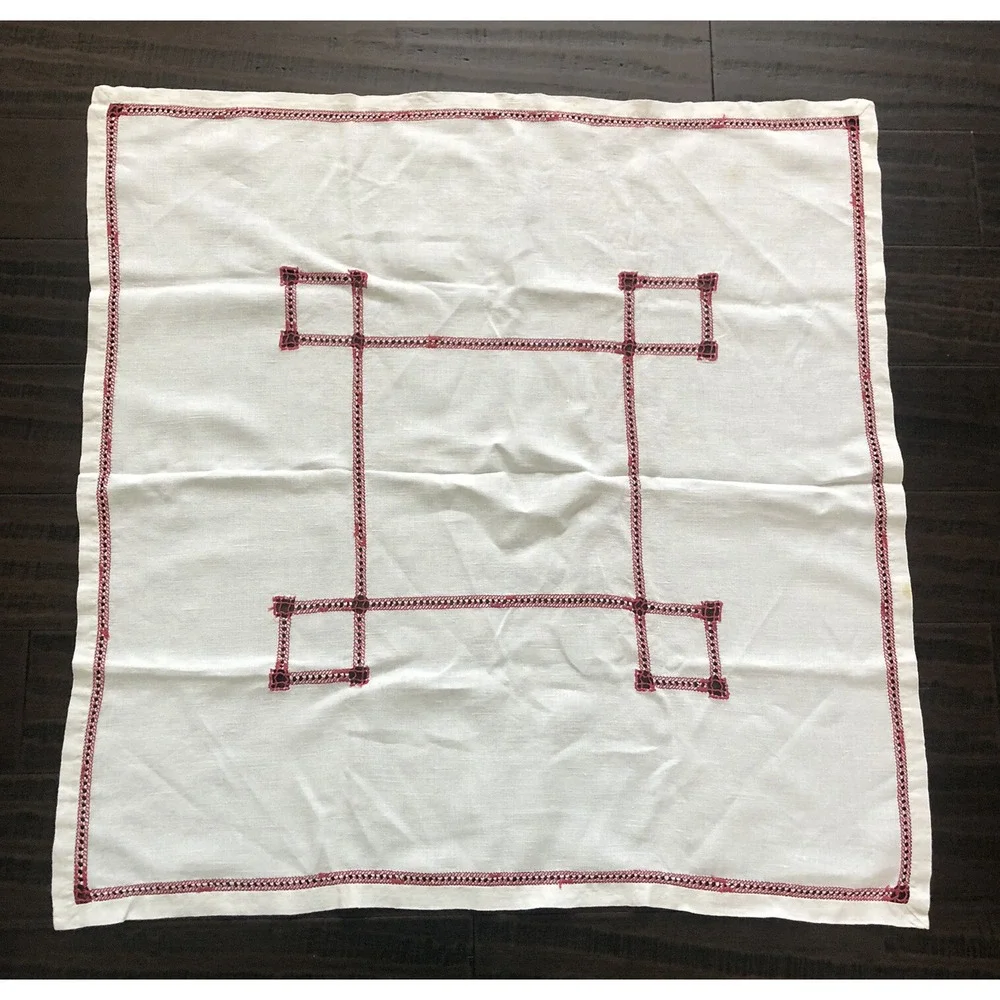 Vintage White Red Linen Cutwork Tablecloth Bed Side Table 31